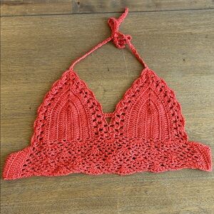 Handmade Crochet Halter Bralette-Bikini Top Festival Top, Boho Style Coral Color